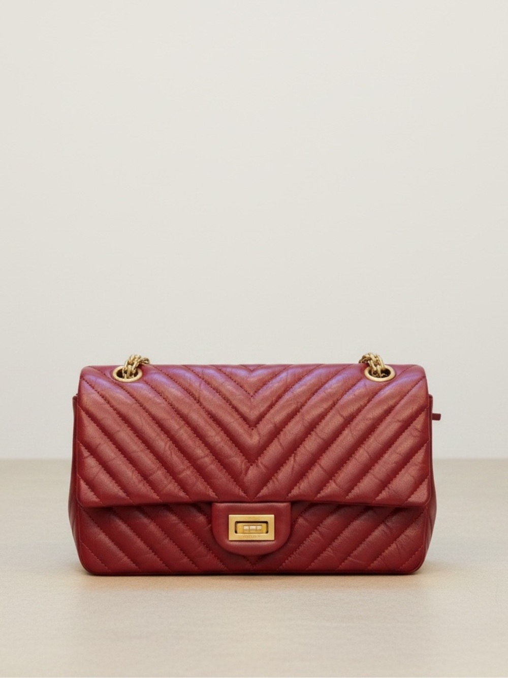 Chanel Reissue 2.55 Double Flap Burgundy Chevron Leather Aged Gold Hardware 2017